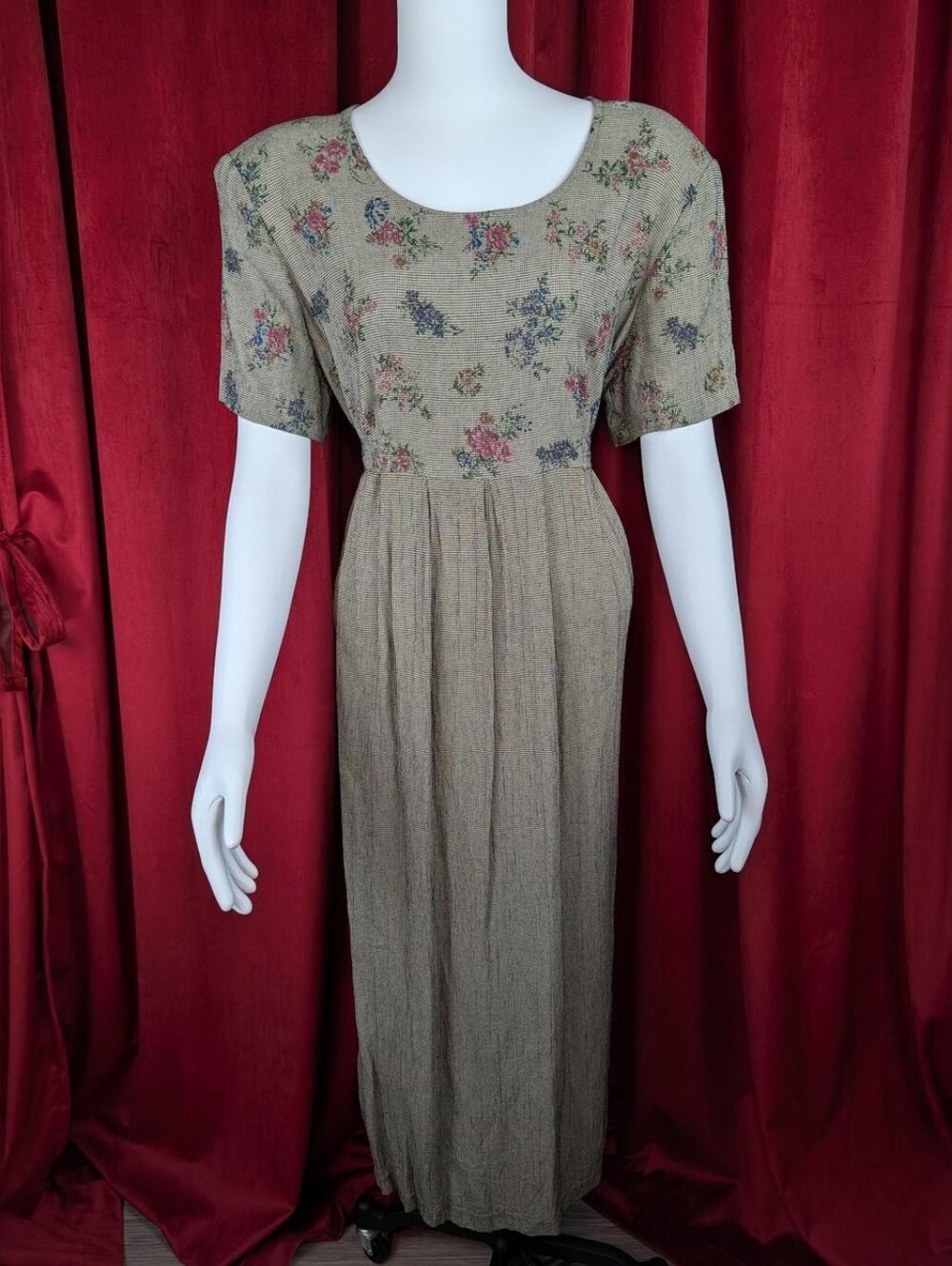 Vintage 90's Betsy's Things Black, Brown, Purple, Blue, & Green Floral Dress